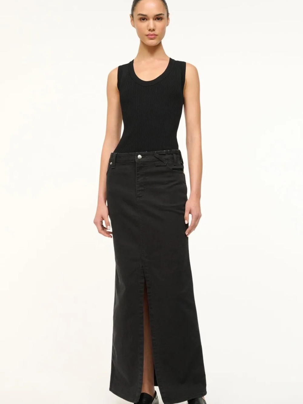 New Staud x Wrangler Black Denim Maxi Skirt with Slit Size 33